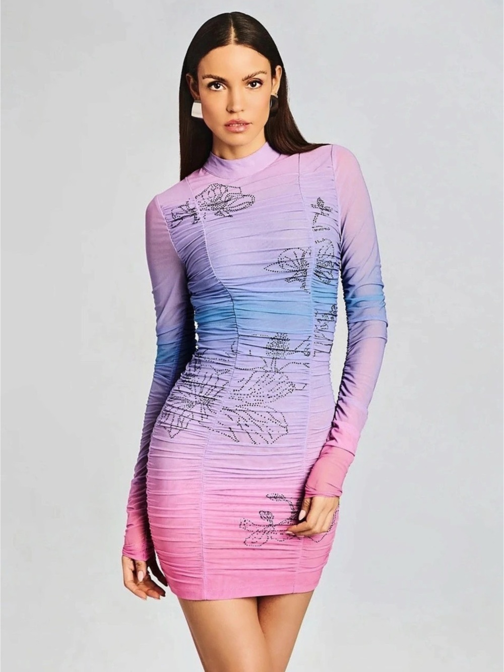 Rococo Sand Ruched Ombré Mini Dress in Purple, Pink, and Blue. Size Small